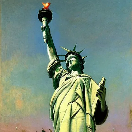 Image similar to a painting of the statue of liberty by ilya repin