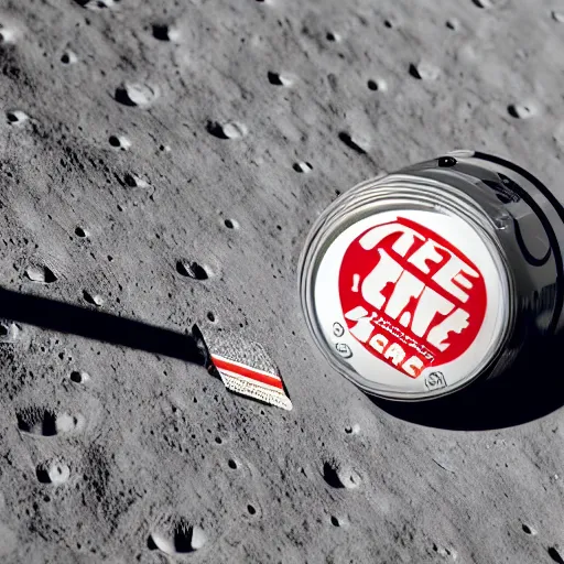 Prompt: a detailed, realistic, idle, regular sized electric guitar next to a detailed, realistic, idle, regular sized beer can on the moon. detailed photo. realistic photo. hyper realism. closeup