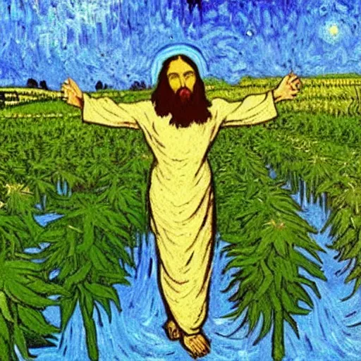 Image similar to jesus spreads his hands against the background of growing cannabis. an oil painting in the style of van gogh