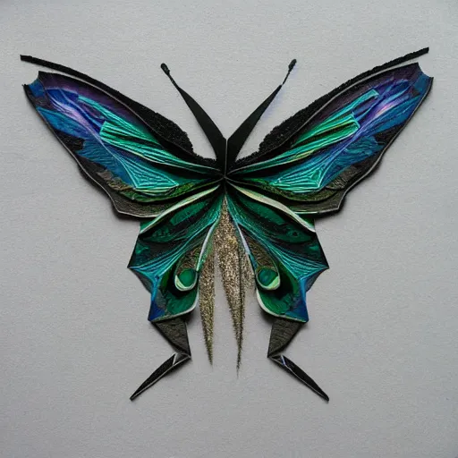 Image similar to black paper luna moth, cut paper, many layers and intricate details