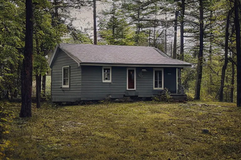 Image similar to a solitary 1 9 6 0 s bungalow style cottage near raven lake, on the outskirts of halifax, ns. hd photography, realistic, inspired by gregory crewdson.