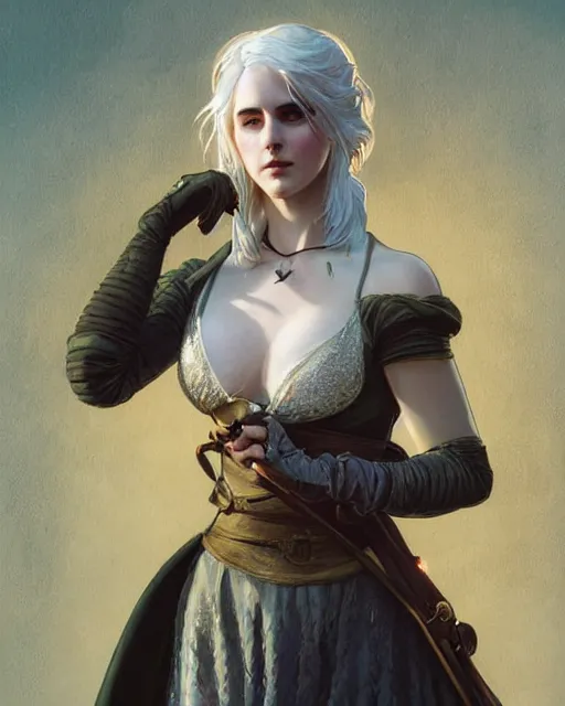 Prompt: Pre-Raphaelite Ciri from Witcher 3 by Artgerm and Greg Rutkowski, wearing haute couture by schiaparelli, sharp focus, sun rays, intricate, elegant, highly detailed, digital painting, pale