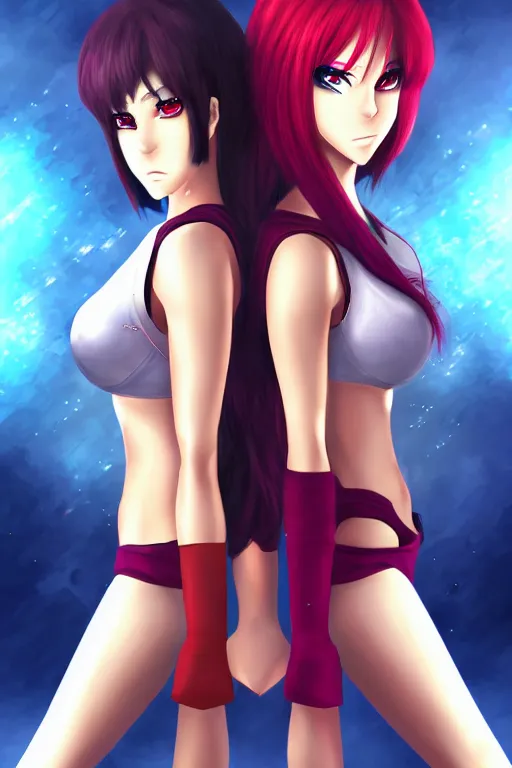 Image similar to two beautiful identical female fighters facing each, dim lighting, gorgeous features, high resolution, detailed digital anime art