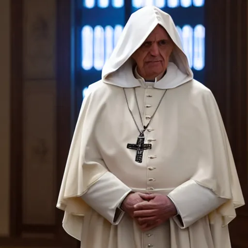 Image similar to pope benedict wearing sith cloak as chancelor palpatine in star wars episode 3, 8 k resolution, cinematic lighting, anatomically correct