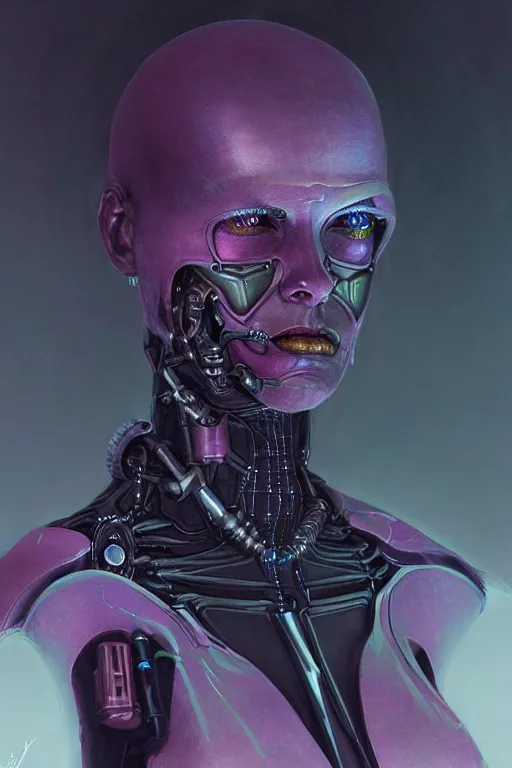 Image similar to portrait of a cyberpunk woman with biomechanichal parts by Wayne Barlowe, hyper detailled, trending on artstation