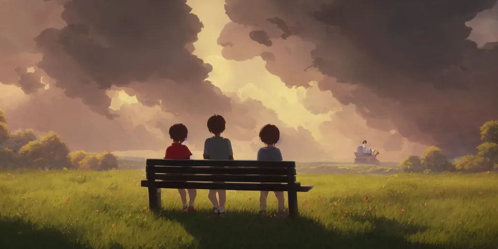 Prompt: animation key shot, a family with sorrow faces sitting on a bench, dramatic sky, close up shot, studio Ghibli, Pixar and Disney animation, sharp, Rendered Unreal Engine 5, film key art, Greg Rutkowski, Bloom, dramatic lighting