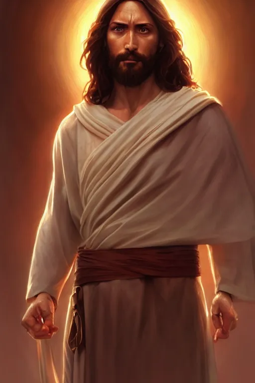 Image similar to jesus christ as an action hero, realistic portrait, symmetrical, highly detailed, digital painting, artstation, concept art, smooth, sharp focus, illustration, cinematic lighting, art by artgerm and greg rutkowski and alphonse mucha