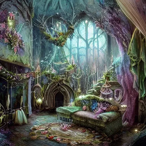 Prompt: a beautiful interior of a fairy castle's hall,, fully decorated, furnished with fairy furniture, fairy aesthetics, fairy lights, fairycore!!! magical realism, fantasy nvironment art by scot howden, greg rutkowski, and elena dudina. high details, magical and in soft colour palette, dreamy