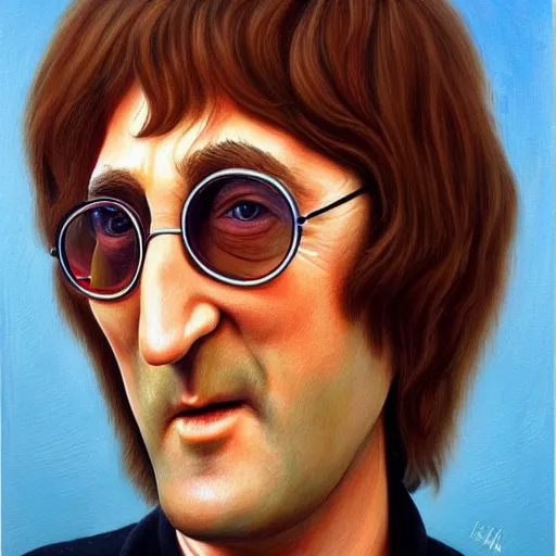 Prompt: Caricature portraits done of John Lennon, realistic, hyperrealistic, very realistic, highly detailed, very detailed, extremely detailed, detailed, oil painting, digital art, trending on artstation