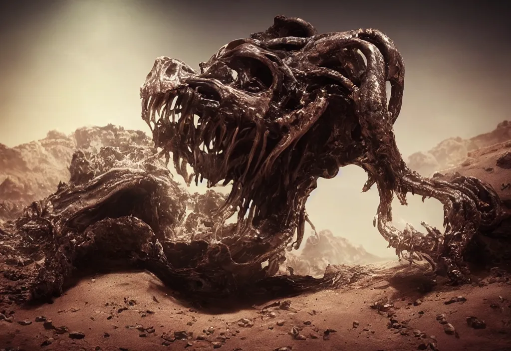 Image similar to eldritch animal alien skull in a dessert in mars, photorealistic, film, cinematic lighting, octane tender, volumetric light, dark - art