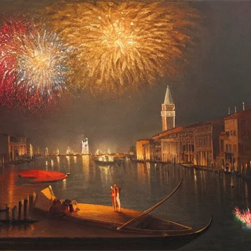 Image similar to an oil painting of couple kissing, in a background fireworks in venice