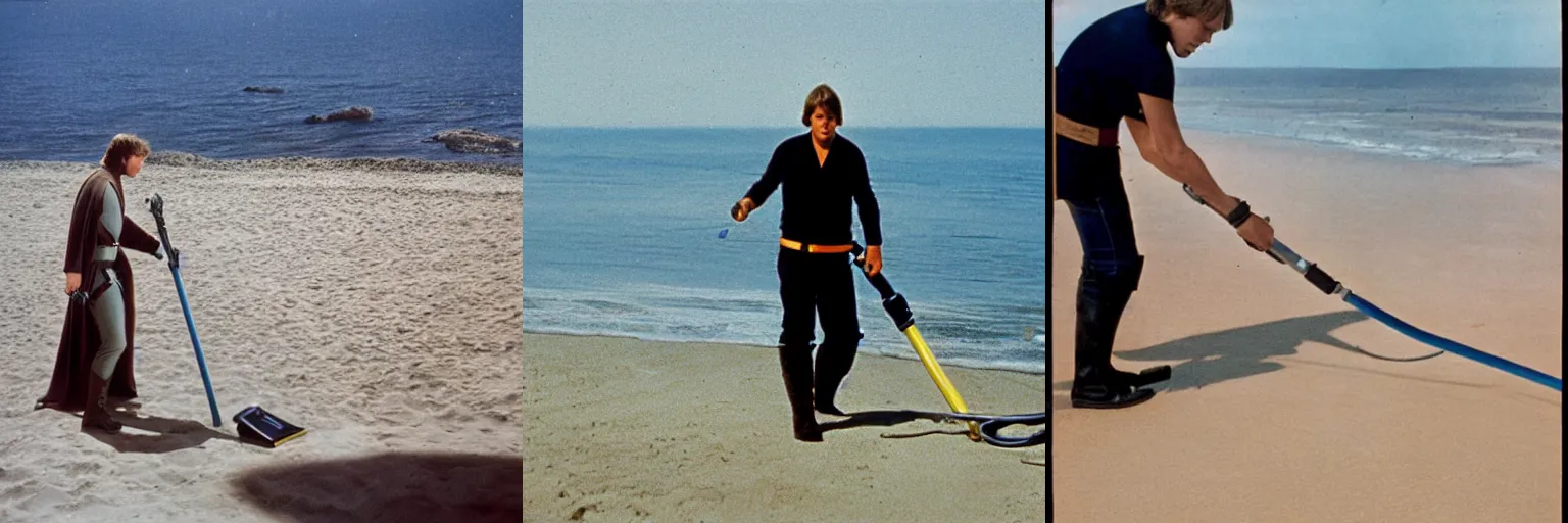 Prompt: Luke Skywalker vacuuming the beach to remove sand