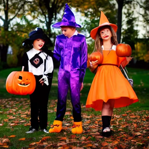 Image similar to kids trick - or - treating, halloween, costumes, night, realistic photo