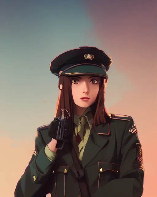 Image similar to young woman with shoulder length light brown hair and hazel eyes dressed in a sharp dark teal military uniform and beret, blurred city background in twilight lighting, ilya kuvshinov, anime, greg rutkowski, guweiz, ross tran, artstation trending, artgerm, concept art, digital painting, painterly