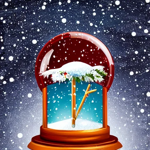 Prompt: A snowglobe with a broken wooden chair and falling snow inside of the snowglobe. Illustration