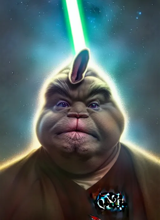 Image similar to hyper realistic, star wars, zoomed out portrait of a mega derpy john candy as big chungus, with bunny ears, stoned, by greg rutkowski, scott m fischer, artgerm, loish, slight glow, atmospheric, anne stokes, alexandros pyromallis