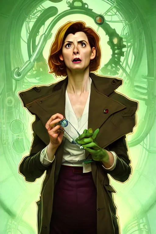 Image similar to doctor who, woman, as a mad dentist, on a plain green background, art by artgerm and greg rutkowski and alphonse mucha