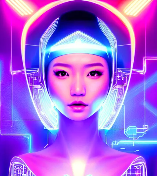 Image similar to symmetry!! asian princess of technology, solid cube of light, hard edges, product render retro - futuristic poster scifi, lasers and neon circuits, beautiful asian princess, intricate, elegant, highly detailed, digital painting, artstation, concept art, smooth, sharp focus, illustration, dreamlike, art by artgerm