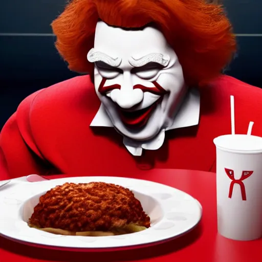 Image similar to A still of Ronald McDonald eating at KFC, 4k, photograph, ultra realistic, highly detailed, studio lighting