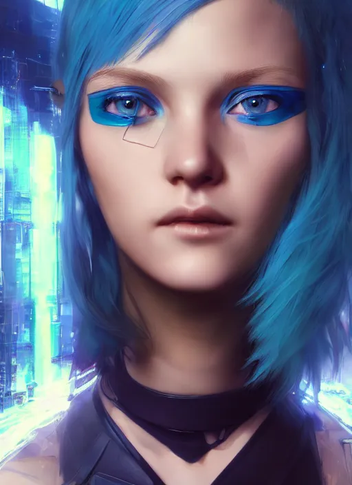 Image similar to beautiful young cyberpunk girl with blue hair, blue eyes, au naturel, digital art, trending in artstation, cinematic lighting, studio quality, smooth render, fluorescent skin, unreal engine 5 rendered, octane rendered, art style by klimt and nixeu and ian sprigger and wlop and krenz cushart