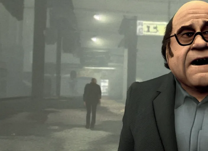 Prompt: video game still of danny devito in the video game heavy rain,