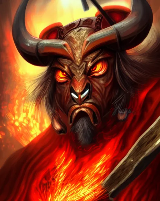 Image similar to minotaur from path of exile wielding 2 hand axe, portrait, anime, digital painting, highly detailed, intricate, trending on artstation