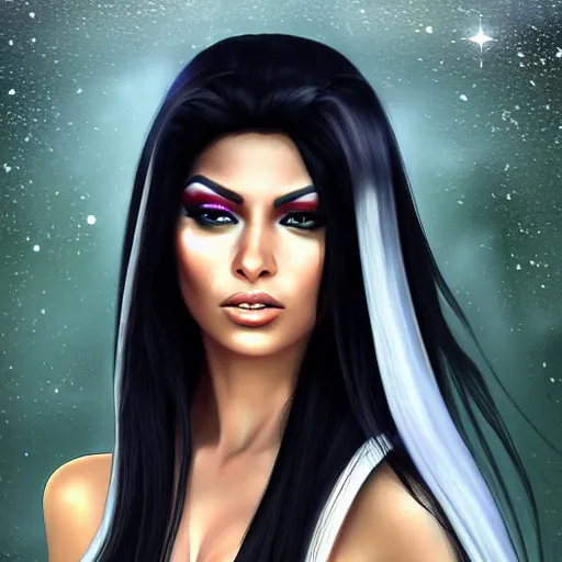 Image similar to portait egyptian princess haifa wehbe, centred, very long hair, hd, unreal engine, art digital painting, final fantasy style, amazing background theme