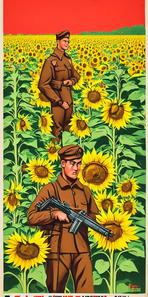 Image similar to Communist Propaganda Poster of a soldier in a sunflower field holding an Steyr AUG.