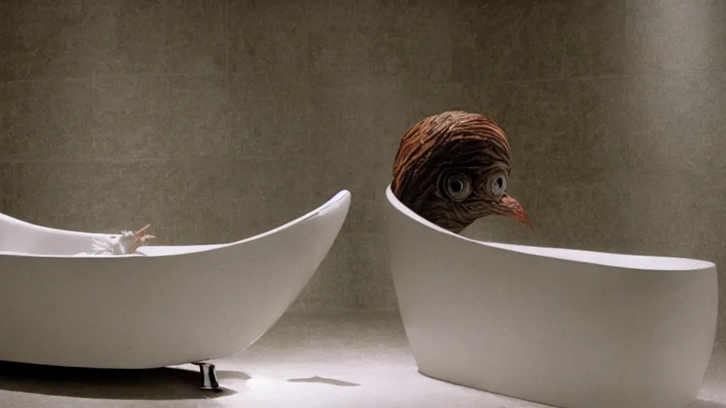 Image similar to the strange creature in a bathtub, makes the water float, film still from the movie directed by Denis Villeneuve with art direction by Salvador Dalí, wide lens