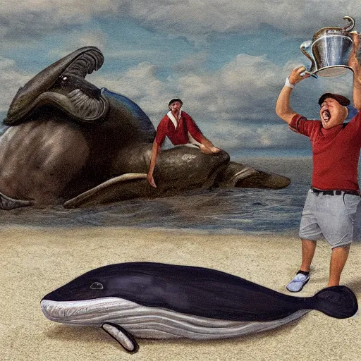 Image similar to highly detailed photo of a midget golfer standing on a beached whale. the crowd is cheering him as he lifts the trophy. highly detailed render, photorealistic, concept art, sfx