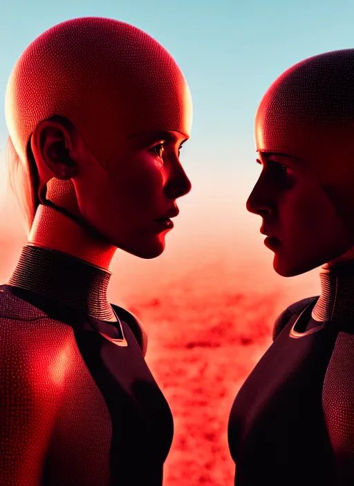 Image similar to cinestill 5 0 d photographic portrait of two loving female androids wearing rugged black techwear on a desolate plain with a red topographic sky in front of a brutalist structure, extreme closeup, cyberpunk style, dust storm, 8 k, hd, high resolution, 3 5 mm, f / 3 2, ultra realistic faces, ex machina