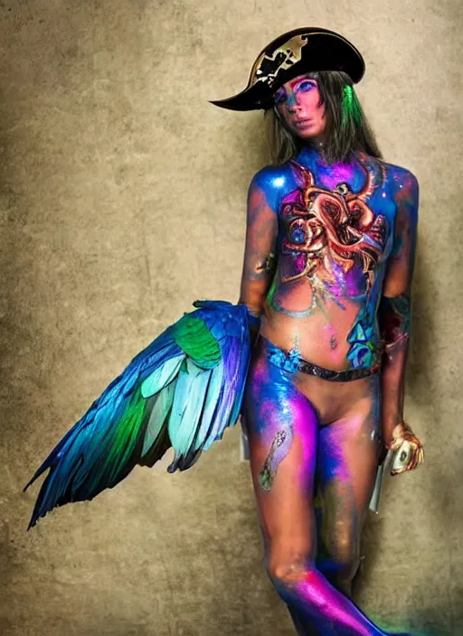 Prompt: a swashbuckling pirate! wearing iridescent body paint, posing with an iridescent parrot, fashion photo 2 0 2 2