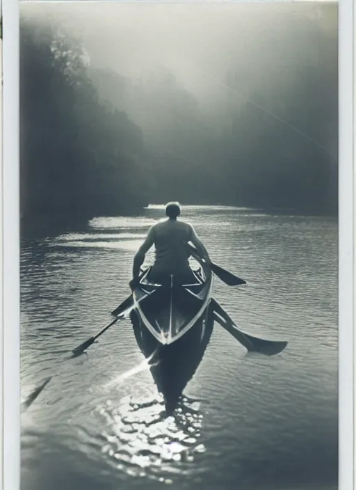 Image similar to a man rowing a rowboat, flash polaroid photo by george hurrell, hazy light rays