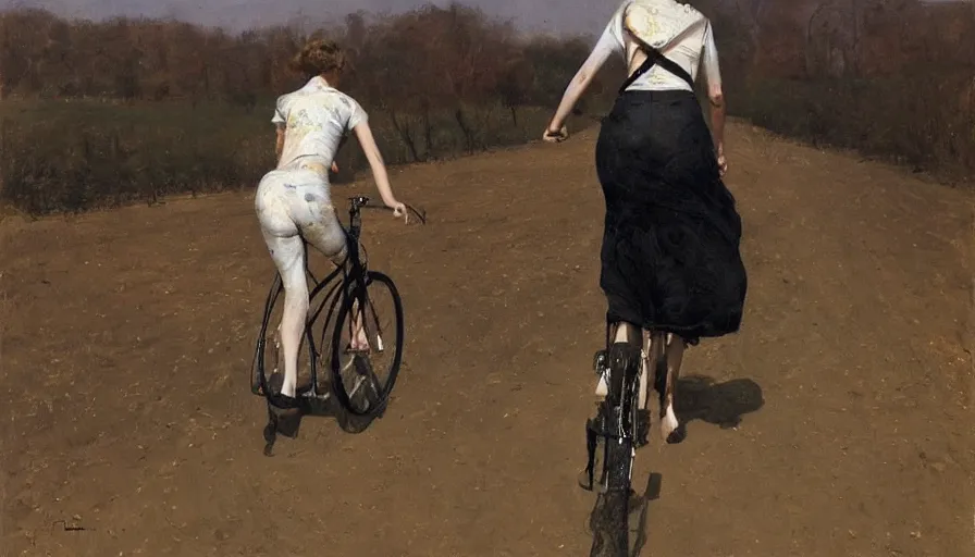 Image similar to painting by borremans, bella hadid riding a bike, detailed, stunning