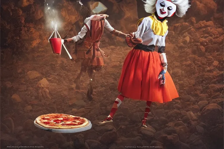 Image similar to pennywise as pulcinella! with a pizza! margherita in front of vesuvius! spewing lava, by esao andrews, by james jean, post - apocalyptic, hyperrealistic, big depth of field, night scenery, glowing lava, 3 d octane render, 4 k, conceptart, masterpiece, hyperrealistic, trending on artstation