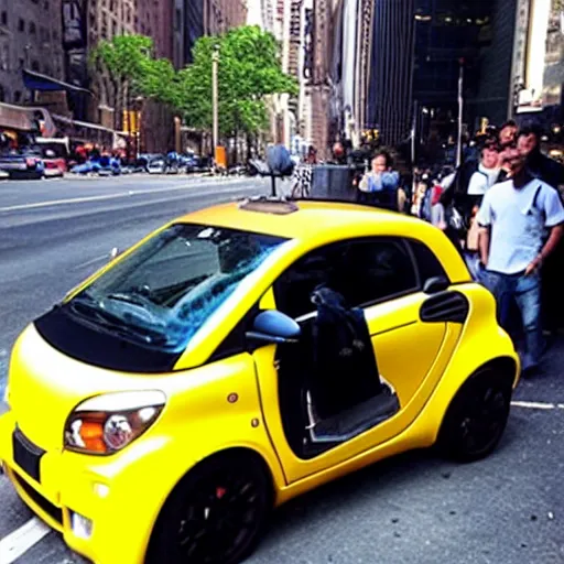 Image similar to amateur photo of shaq getting into a smart car on the streets of new york city