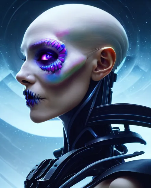 Image similar to side portrait of female android, sharp focus, sci - fi, fantasy art, digital illustration, dia de los muertos. octane render, unreal engine. concept art. art by artgerm and wlop and giger and greg rutkowski and rossdraws and alphonse mucha, 8 k