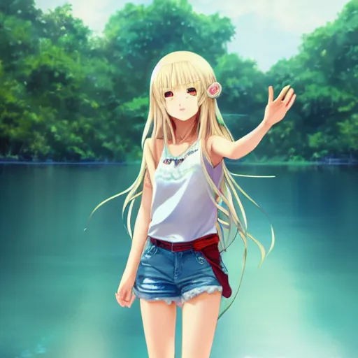 Image similar to a very beautiful anime girl, full body, long wavy blond hair, sky blue eyes, full round face, short smile, cute top, short jeans, summer lake setting, cinematic lightning, medium shot, mid-shot, highly detailed, trending on Artstation, Unreal Engine 4k, cinematic wallpaper by Stanley Artgerm Lau, WLOP, Rossdraws, James Jean, Andrei Riabovitchev, Marc Simonetti, and Sakimichan