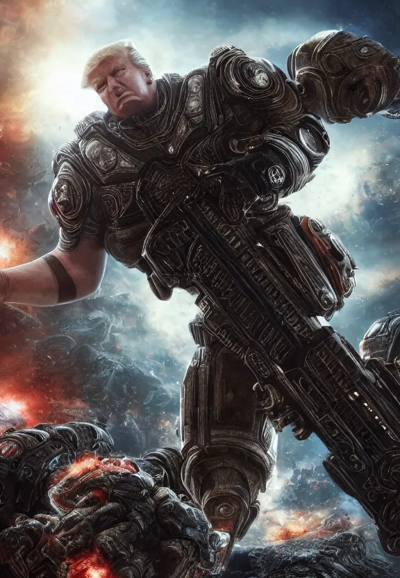 Image similar to Portrait of Donald Trump as god-emperor of humanity in Gears of War, splash art, movie still, cinematic lighting, dramatic, octane render, long lens, shallow depth of field, bokeh, anamorphic lens flare, 8k, hyper detailed, 35mm film grain