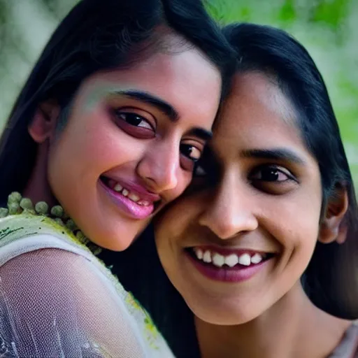 Image similar to unbelievably beautiful, perfect, dynamic, epic, cinematic 8K HD movie shot of two semi-close-up Indian women beautiful expressing joy and posing together. By oscar winning director. Motion, VFX, Inspirational arthouse, high budget, hollywood style, at Behance, at Netflix, with Instagram filters, Photoshop, Adobe Lightroom, Adobe After Effects, taken with polaroid kodak portra