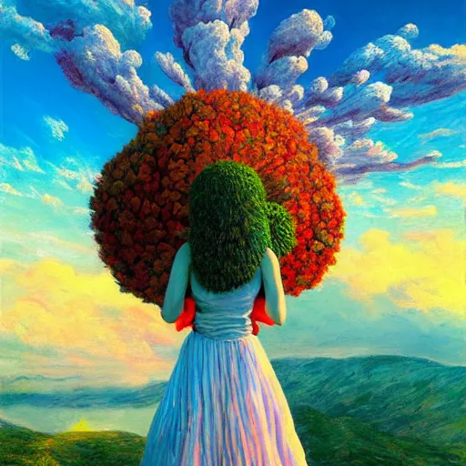 Image similar to giant flower head, frontal, woman standing on mountain, surreal photography, sunrise, colorful clouds, impressionist painting, digital painting, artstation, rob gonsalves