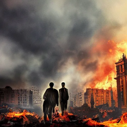 Prompt: the city is burning and fire is everywhere, palaces are collapsing world is getting destroyed just a man was standing alone crying while world is getting destroyed detailed picture HD