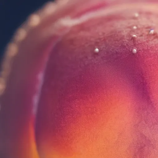 Image similar to a macro photo of a round peach's dry hairy skin, hyper realistic, hyper detailed, 35mm, very grainy film, pink volumetric studio lighting, bokeh, black background award winning shot, vogue magazine, cinematic, 8k, very closeup, elegant, tender, pastel