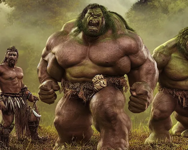 Image similar to hyper realistic group vintage photograph of a live action warcraft orc warrior tribe in the jungle, tall, hulk like physique, detailed faces, tribal paint, tribal armor, grain, old, monochrome, wide angle