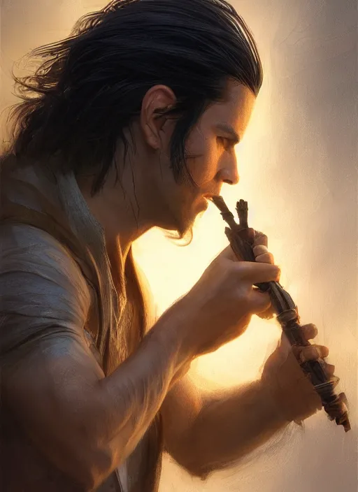Image similar to side profile of a man with long black hair in brown rags holding a glowing device, fantasy, digital painting, volumetric light, intricate, sharp, focus, bloom, illustration, highly detailed, concept art, matte, ruan jia, randy vargas, greg rutkowski