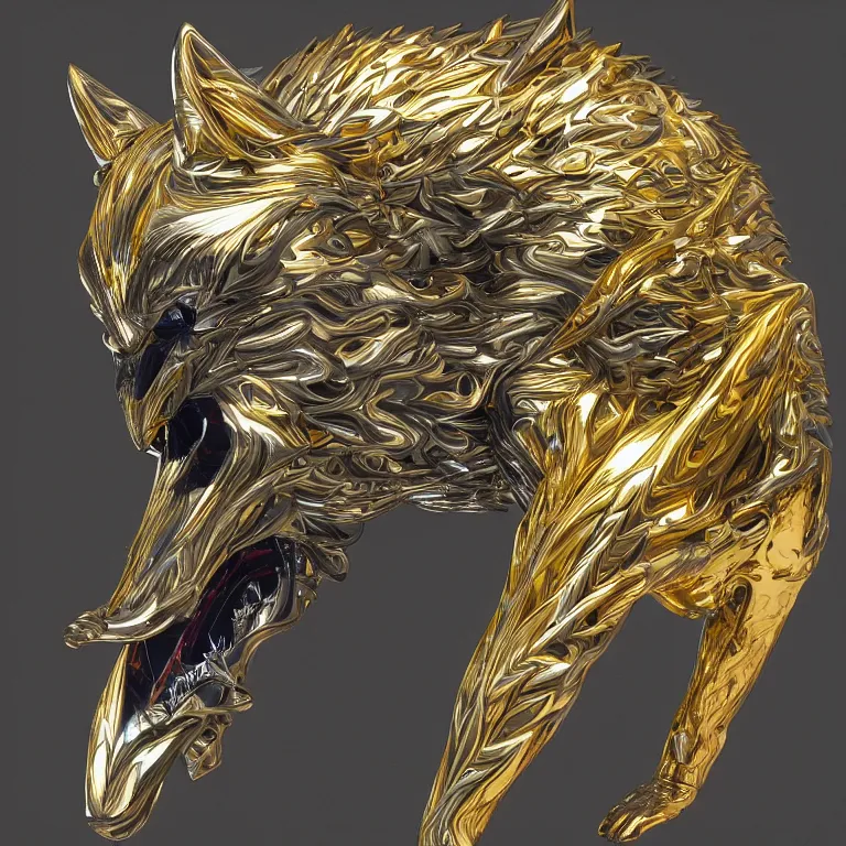 Image similar to chrome and gold wolf, glossy, metallic, neon, symmetrical, tribal patterns, realistic, unreal engine, octane, redshift, artstation, behance