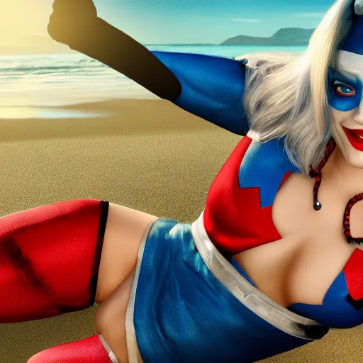 Image similar to harley quinn at the beach 4 k detailed super realistic