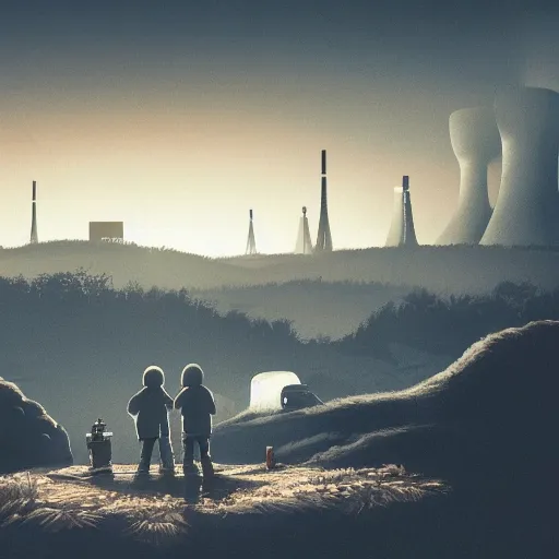 Image similar to highly detailed landscape with two boys camping with nuclear plant in the background 1 9 8 0 s science fiction, 1 9 7 0 s science fiction, cyberpunk, moody, misty, depth perception, 4 k, artstation