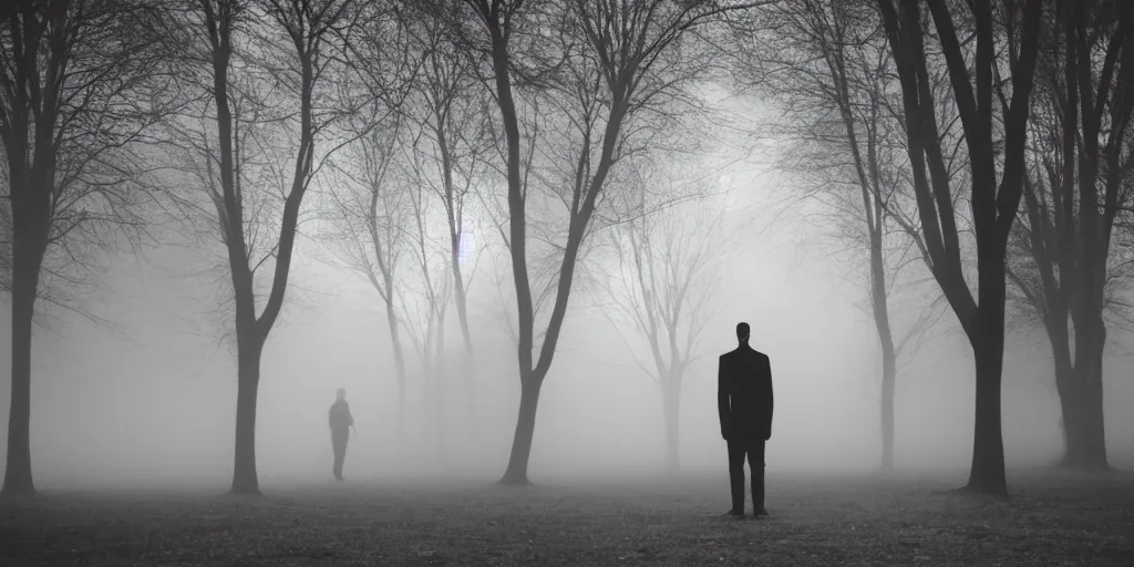 Prompt: faceless man in black in a dark park at night, fog, creepy lighting