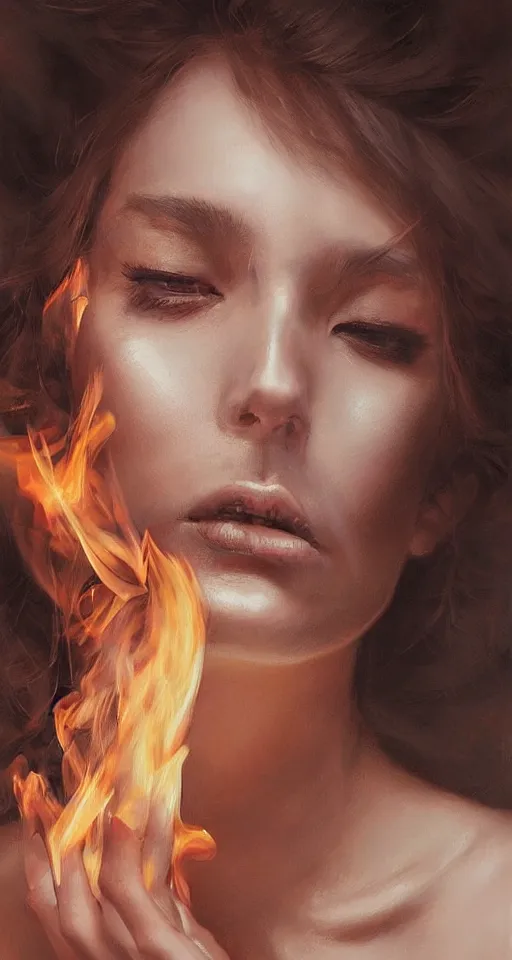 Image similar to a portrait of a beautiful woman with smoke and fire coming out of her eyes, artwork by Stanley Artgerm Lau, a masterpiece